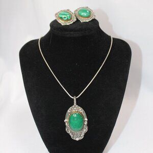 Vintage Jadite and Silver Plated Necklace and Pierced Earrings